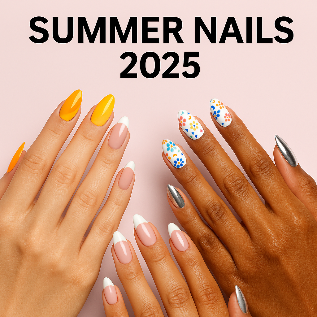 Four neatly manicured hands showing off trending summer nails 2025 in vibrant pinks, blues, and minimalist white swirl designs, set against a neutral background.